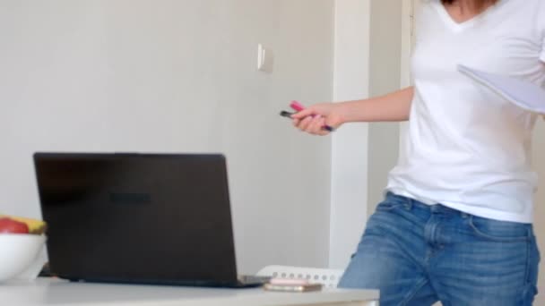 Jovem Mulher Negócios Feliz Escritório Casa Trabalhando Computador Secretária Estilo — Vídeo de Stock