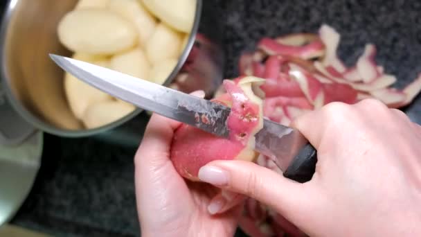 Närbild Kvinnliga Händer Skalning Potatis — Stockvideo