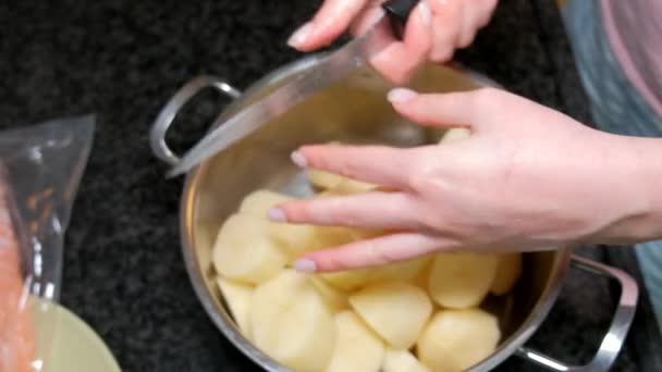 特写镜头 一个女人的手剥开土豆 — 图库视频影像