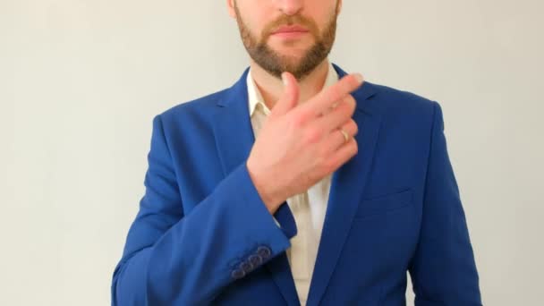 Young Handsome Businessman Blue Jacket Thoughtfully Scratches His Beard — Stock Video