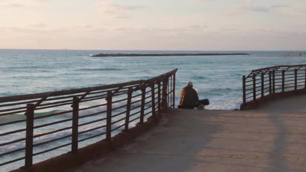 Suddig Man Med Hund Tittar Havet — Stockvideo