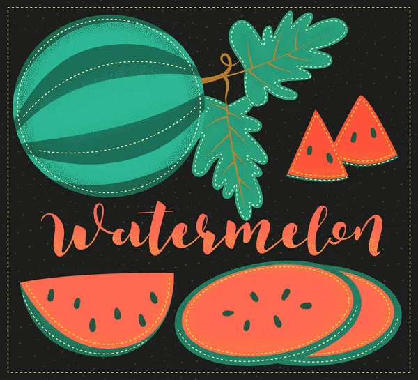 Karpuz. Tamamı ve parçaları. Vektör hisse senedi çizimi. Siyah arka planda renkli meyve seti sanatı. Harf.  