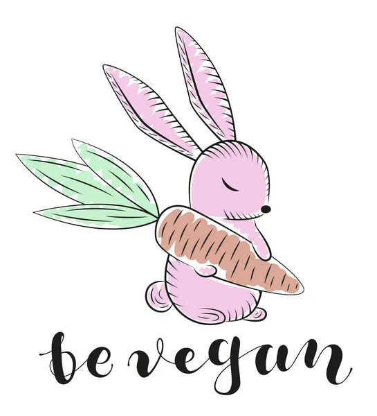 Vegan Lettering Rabbit Carrot Colored Illustration Vector Stock Graphic — Stock Vector