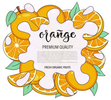 Turunculu vektör arkaplanı. Tamamı ve parçaları. Beyaz arkaplanda vektör hisse senedi çizimi izole edildi. Meyveli kart tasarımı. Biraz su ya da süt. Ürün bilgileri ve harfler.