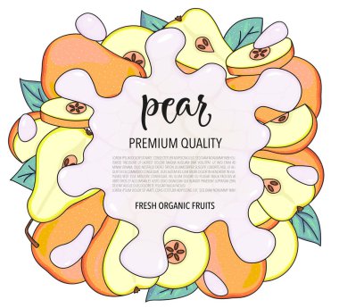 Armut armutlu vektör arkaplan. Beyaz arkaplanda vektör hisse senedi çizimi izole edildi. Meyveli kart tasarımı. Biraz su ya da süt. Ürün bilgileri ve harfler.