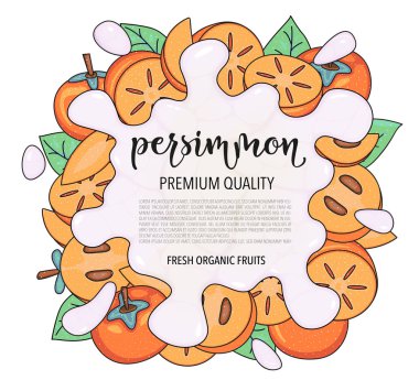 Hurmalı vektör arkaplan. Beyaz arkaplanda vektör hisse senedi çizimi izole edildi. Meyveli kart tasarımı. Biraz su ya da süt. Ürün bilgileri ve harfler.