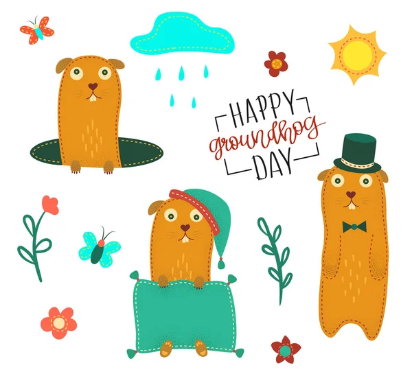 Happy Groundhog Day Vector Stock Illustration Cute Marmot — Stock Vector