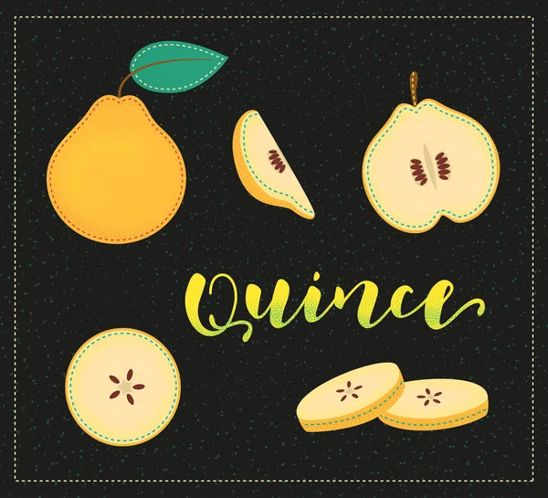 Ayva. Tamamı ve parçaları. Vektör hisse senedi çizimi. Siyah arka planda izole edilmiş renkli meyve seti. Harf.