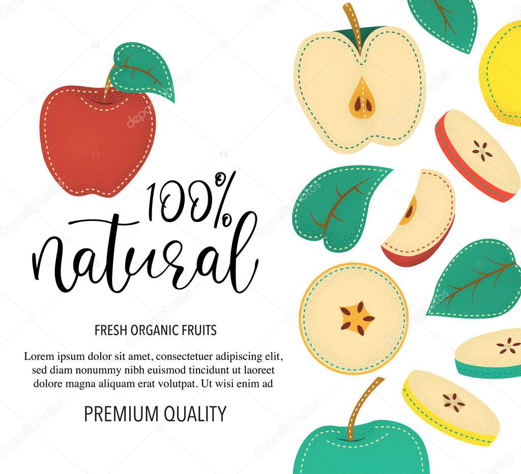 Vector background with apple, whole and pieces. Vector stock illustration isolated on white background. Card design with fruits. Product information and lettering 