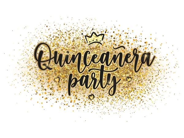 Quinceaera party lettering sign on gold background.  Teenager girl birthday celebration calligraphy with hearts. Vector stock illustration.