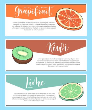 Taze meyve pankartı. Bir dilim greyfurt, kivi, limon - harfler ve çizimler. Vektör stok yiyecek ve içecek tasarımı. 