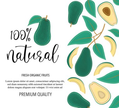 Avokado ile vektör arkaplan, bütün ve parçalar. Beyaz arkaplanda vektör hisse senedi çizimi izole edildi. Meyveli kart tasarımı. Ürün bilgileri ve yazılar 