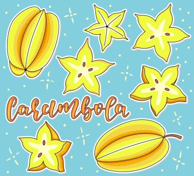 Carambola. Tamamı ve parçaları. Vektör hisse senedi çizimi. Sarı arka planda izole edilmiş renkli meyve seti. Harf.