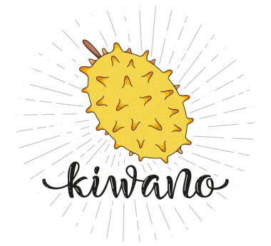 Kiwano. Çiftlik pazarı menüsü için meyve sembolü. Sağlıklı gıda tasarımı. Vektör hisse senedi çizimi. Harf