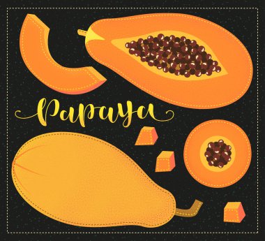 Papaya. Whole and pieces. Vector stock illustration. Colored fruit set  isolated on black background. Lettering.
