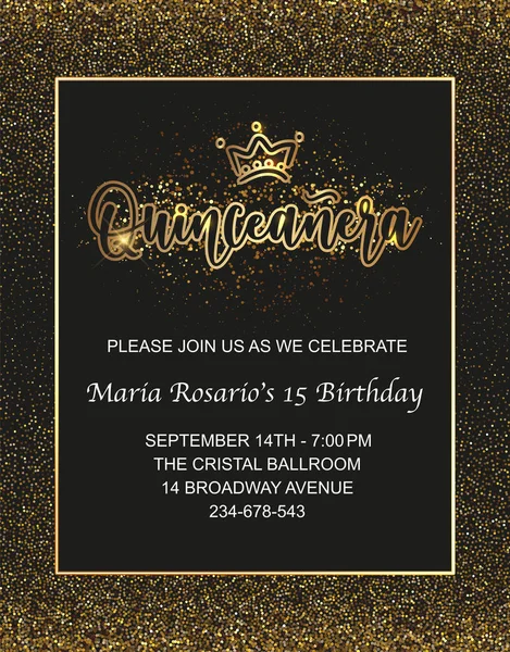 Quinceanera party flyer. Teenager girl birthday celebration calligraphy. Black and gold. Vector stock illustration. 