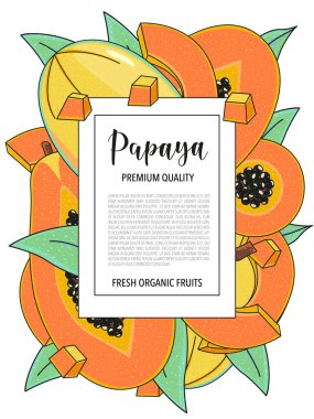 Vector background with papaya, whole and pieces. Vector stock illustration isolated on white background. Card design with fruits.Botanical garden template. Product information and lettering
