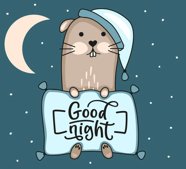 Goede Nacht Belettering Fret Met Slaapmutsje Kussen Maan Nachtelijke Hemel — Stockvector