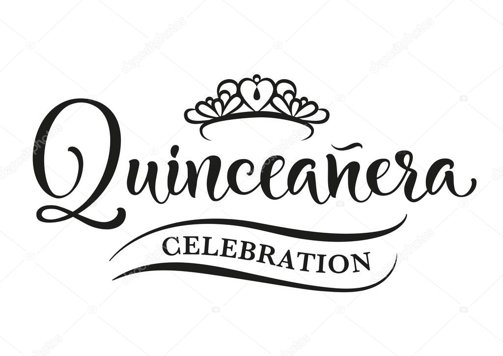 15 birthday celebration lettering for Latin America girl.  Quinceanera calligraphy. Black text isolated on white background. Vector stock illustration.