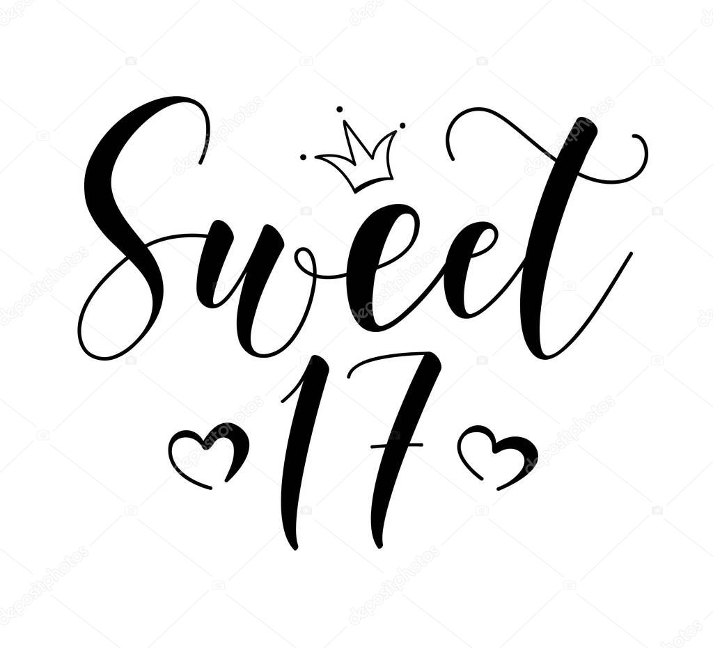 Sweet 17teen. Happy Birthday lettering sign. Design elements for postcard, poster, graphic, flyer. Simple vector brush calligraphy. Stock illustration Isolated on white background.