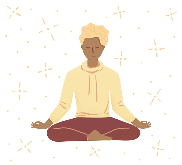 Young Man Sitting Closed Eyes Meditating Meditation Relaxation Spiritual Practice — Stock Vector