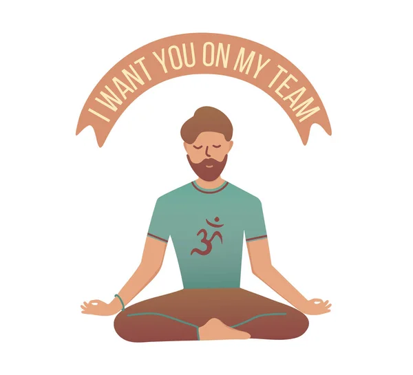 Sakallı adam gözlerini kapatıp meditasyon yapıyor. Seni takımımda istiyorum, kurdele. Yoga pozisyonunda genç bir adam farkındalık egzersizi yapıyor, ruhsal disiplin uyguluyor. Düz çizgi film vektör çizimi.