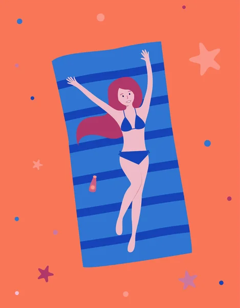 Beautiful Young Woman Lies Towel Sunbathes Next Sunblock Lady Sand — Stock Vector