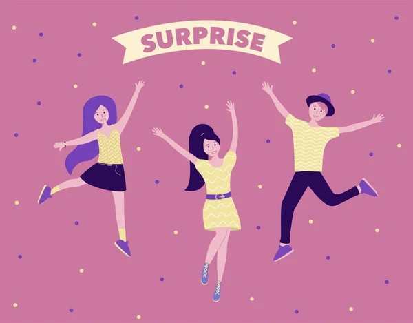 Group of young joyful laughing people jumping with raised hands isolated on pink background. Happy positive young man and women rejoicing together. Colored vector illustration in flat cartoon style.