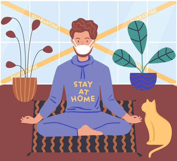 Jongeman Zit Geïsoleerd Met Zijn Kat Kalme Man Meditatie Hij — Stockvector