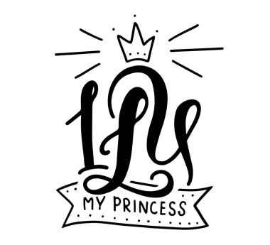 Sevgililer Günü el yazısı. Seni seviyorum prensesim. Tebrik kartları, dövme, tatil davetiyesi için romantik bir alıntı. Siyah metin beyaz arkaplanda izole edilmiş. Vektör stok illüstrasyonu.