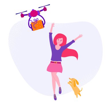 Düz vektör stok çizimi beyaz arkaplanda izole edildi. Hediye aldığı için sevinçten zıplayan heyecanlı tatlı kız. Drone 'un getirdiği turuncu kutu mor kurdeleyle süslenmiş.. 