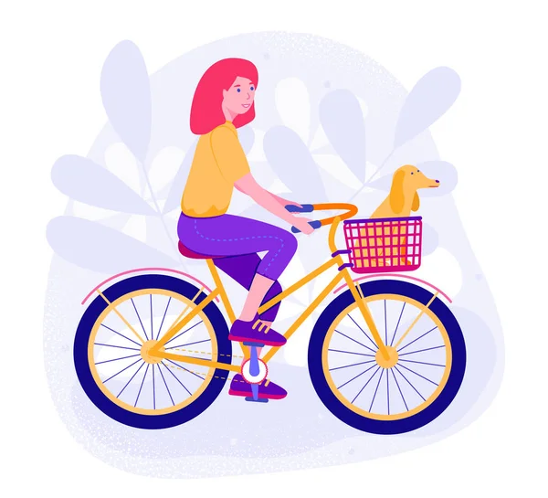 Cute Happy Young Woman Her Dog Bicycle Flat Cartoon Colorful — Stock Vector