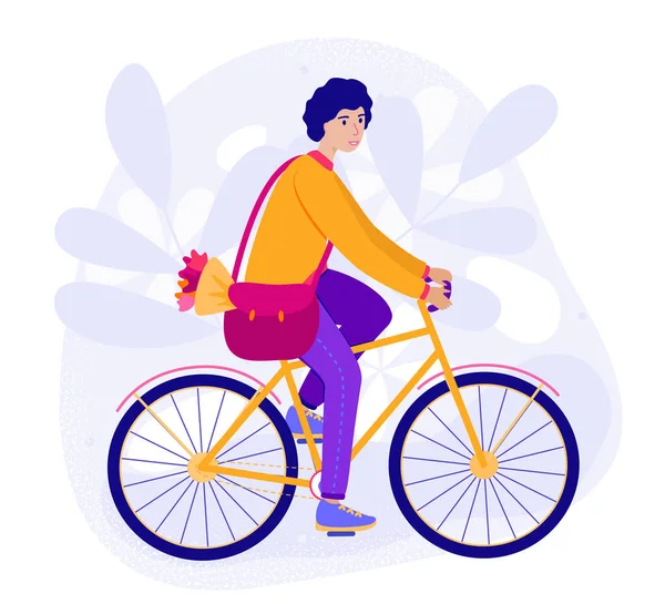 Hipster Young Man Rides Date Bicycle Guy Hurry Woman Day — Stock Vector