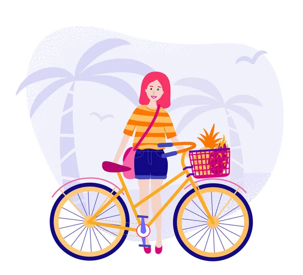 Cute Happy Young Woman Her Bicycle Flat Cartoon Colorful Vector — Stock Vector