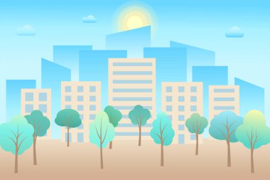 Öğleden sonra şehir silueti. Gündüzleri Mimari Megapolis. Vektör hisse senedi Illustration, düz tasarım