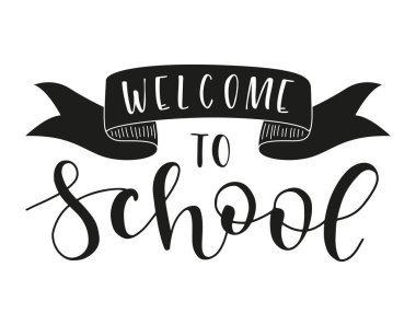 Okulun el yazısı çizimlerine hoş geldiniz. Siyah metin beyaz arkaplanda izole edilmiş. Vektör stok illüstrasyonu