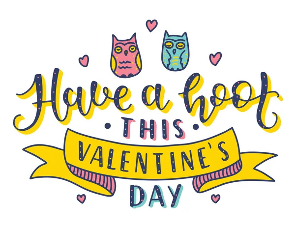 St Valentines Day The 14th of February fun lettering. The trend colored calligraphy with two owls and ribbon. Text isolated on white background. Vector stock illustration. — Stock Vector