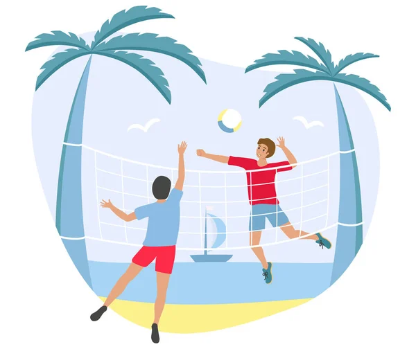 Grupo de meninos joga no voleibol na praia de verão - ilustração de estoque vetorial de desenhos animados plana. Homens com bola no litoral arenoso com palmeira — Vetor de Stock