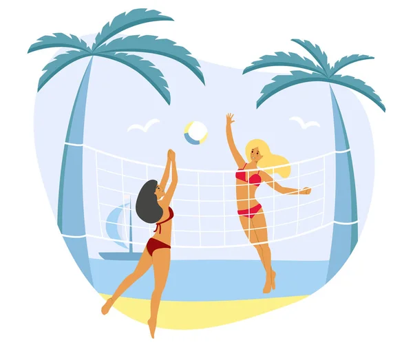 Grupo de meninas em maiô jogando no voleibol na praia de verão - ilustração de estoque vetorial de desenhos animados plana. Mulheres com bola à beira-mar arenosa com palmeira — Vetor de Stock