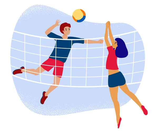 Homme et femme joue au volley-ball à travers le filet. Illustration de stock vectoriel plat avec un joueur de volley couple avec une balle comme un concept de jeu amical — Image vectorielle