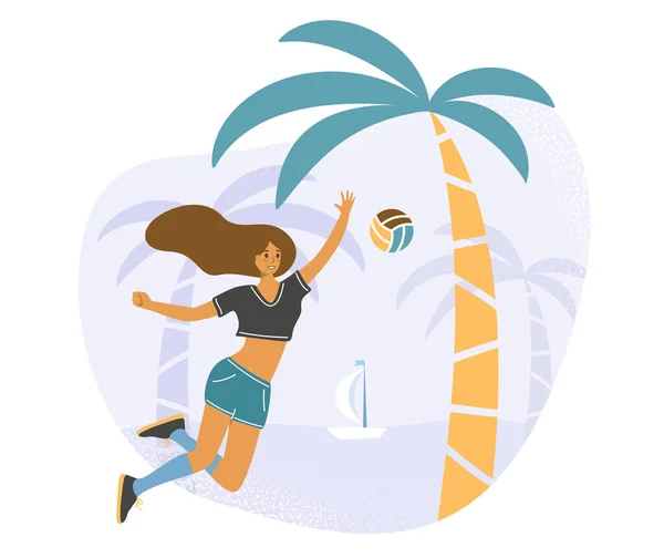 Menina gostando de estar fora e descansar ativamente no mar - ilustração de estoque vetorial plana com uma jogadora jovem ou adulta com uma bola como um conceito do jogo de praia ou férias — Vetor de Stock