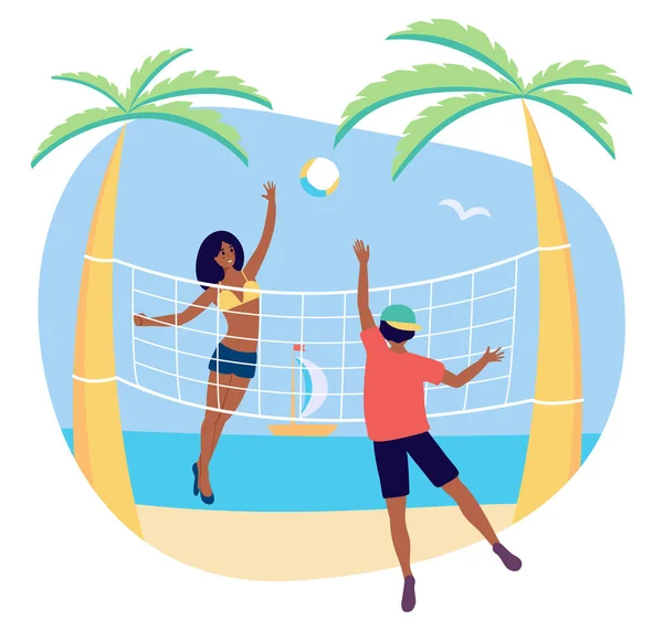 Plaj voleybolu oynayan bir grup Afroamerikalı genç adam ve kız, bir plajda topla grup aktivitelerinin keyfini çıkarıyorlar. Vektör hisse senedi illüstrasyonu, siyahi öğrenciler tropikal yerlerde tatildeler.