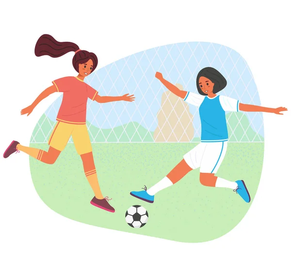 Дівчата-підлітки грають у футбол з м'ячем, векторна стокова ілюстрація. Молоді гравці в спортивному одязі плоский мультиплікаційний персонаж. Молоді жінки в спортивній формі практикують футбольний матч — стоковий вектор