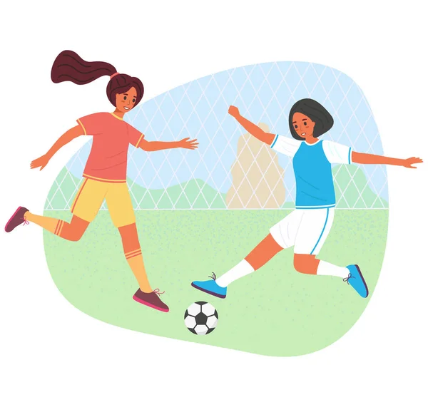 Genç kızlar topla futbol oynuyor, vektör stok çizimi. Spor giyinen genç oyuncular düz çizgi film karakteri. Spor üniformalı genç kadınlar futbol antrenmanı yapıyor.