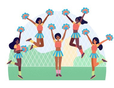Afro american cheerleading girl team. Football or american soccer support flat cartoon character. Vector stock illustration, group of student with pom pons, set of young black women in school sport clipart