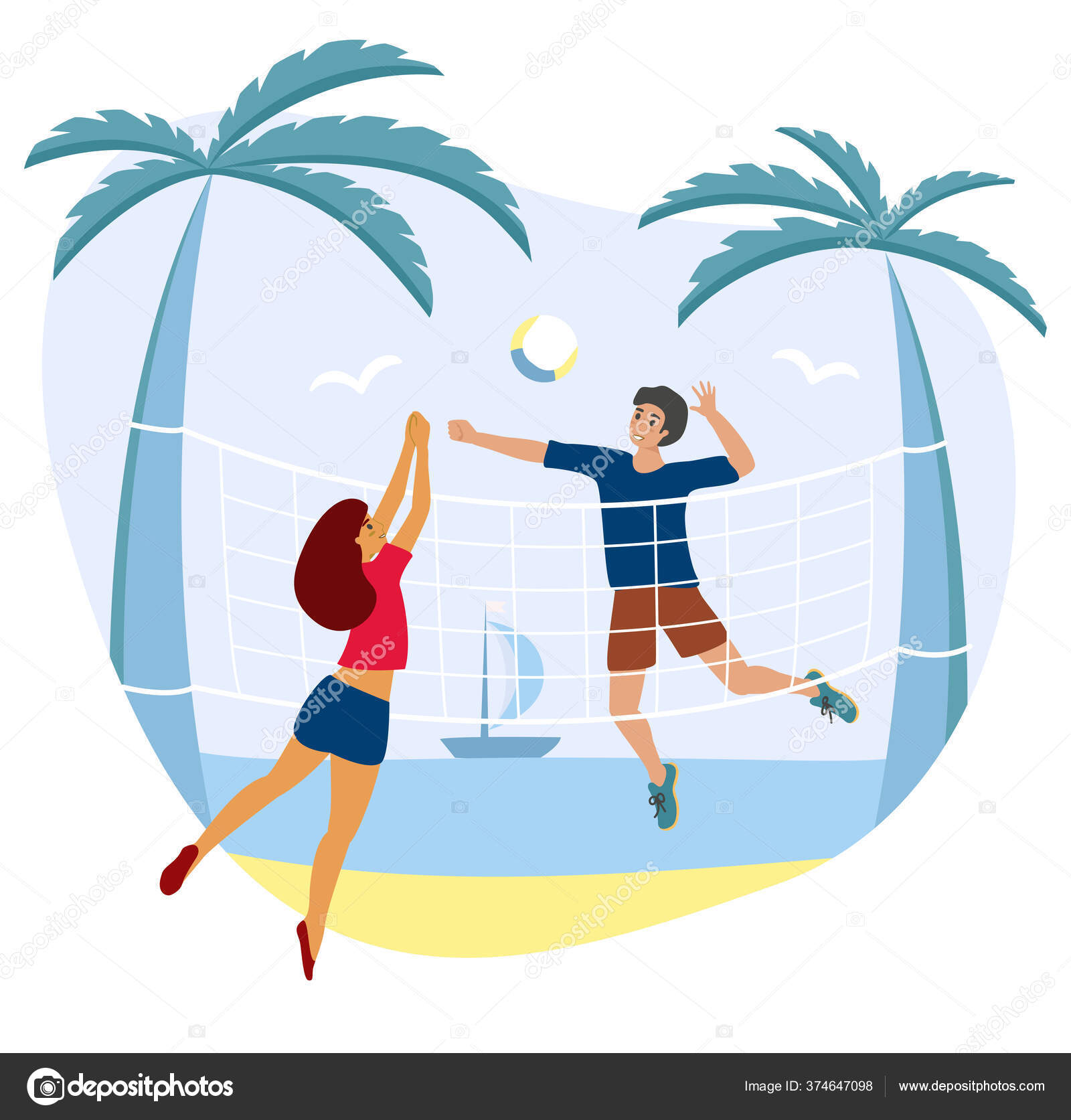 Jeune homme et jeune fille joue au beach-volley, illustration