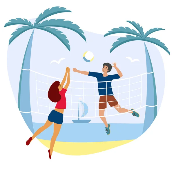 Jovem e menina joga no vôlei de praia, ilustração estoque vetor. Atividades ao ar livre de verão, jogo de equipe com bola — Vetor de Stock