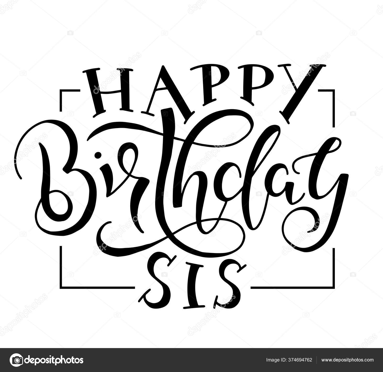 Happy Birthday Sis black text with ribbon isolated on white background