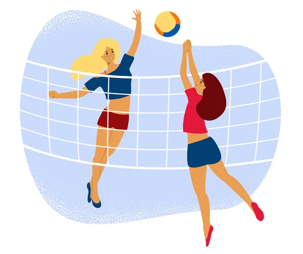 Девушки играют в волейбол - рисунок с плоским векторным фондом с двумя молодыми или взрослыми игроками с мячом в качестве концепции чемпионата — стоковый вектор