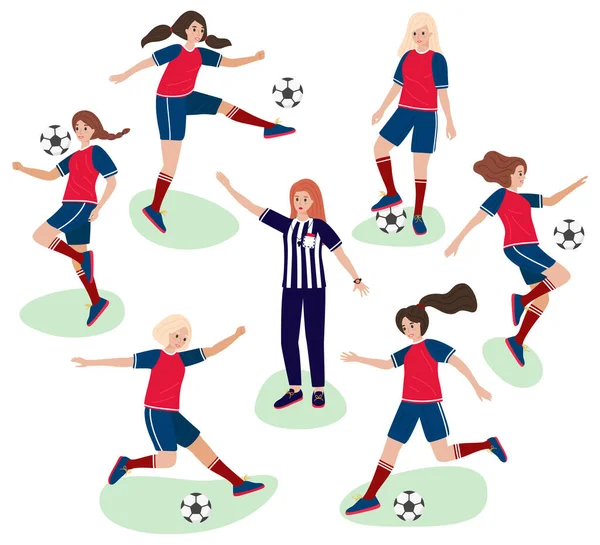 Conjunto de meninas de desenhos animados planas jogando no futebol e árbitro mulher em juiz uniforme, ilustração estoque vetor isolado no fundo branco. Jovem jogador de futebol feminino fazer movimento desportivo em um jogo de — Vetor de Stock